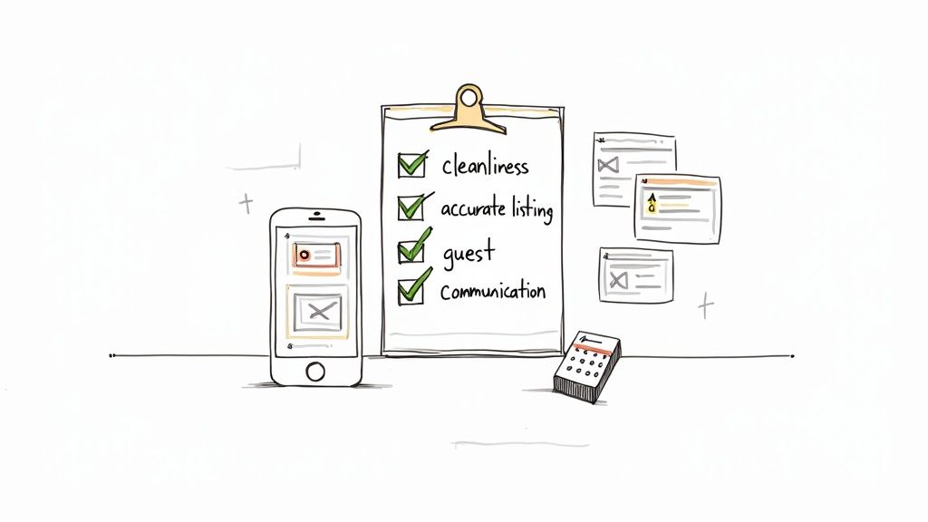 Hand-drawn illustration of an Airbnb Superhost checklist with cleanliness, accurate listing, and guest communication.