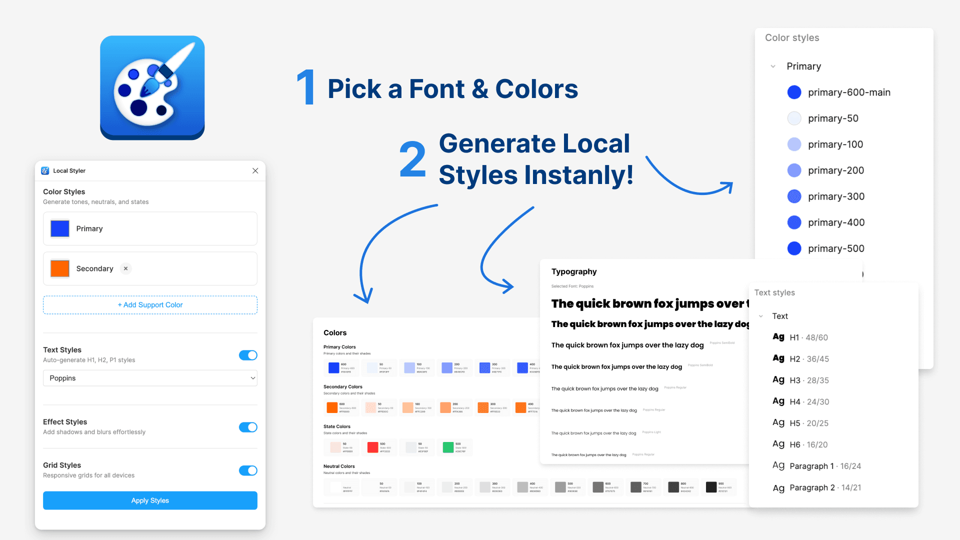 The image displays the Figma interface showcasing a design project with a focus on local styles, including color styles, typography, and effect systems, alongside a zoomed-in Figma logo graphic on the left.