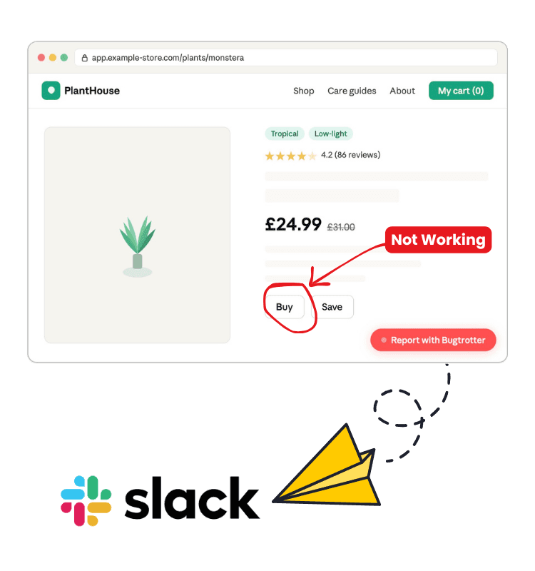 Customer reporting a broken checkout button by sending a Bugtrotter video report directly to Slack