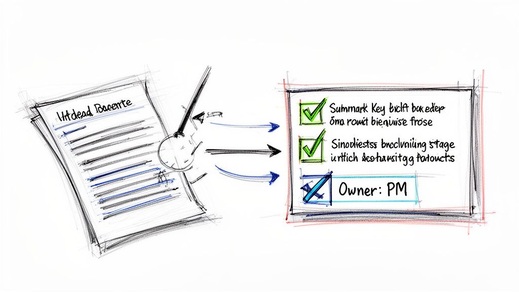 Hand-drawn sketch illustrating document processing into a checklist with completed and pending tasks, assigned to a PM.