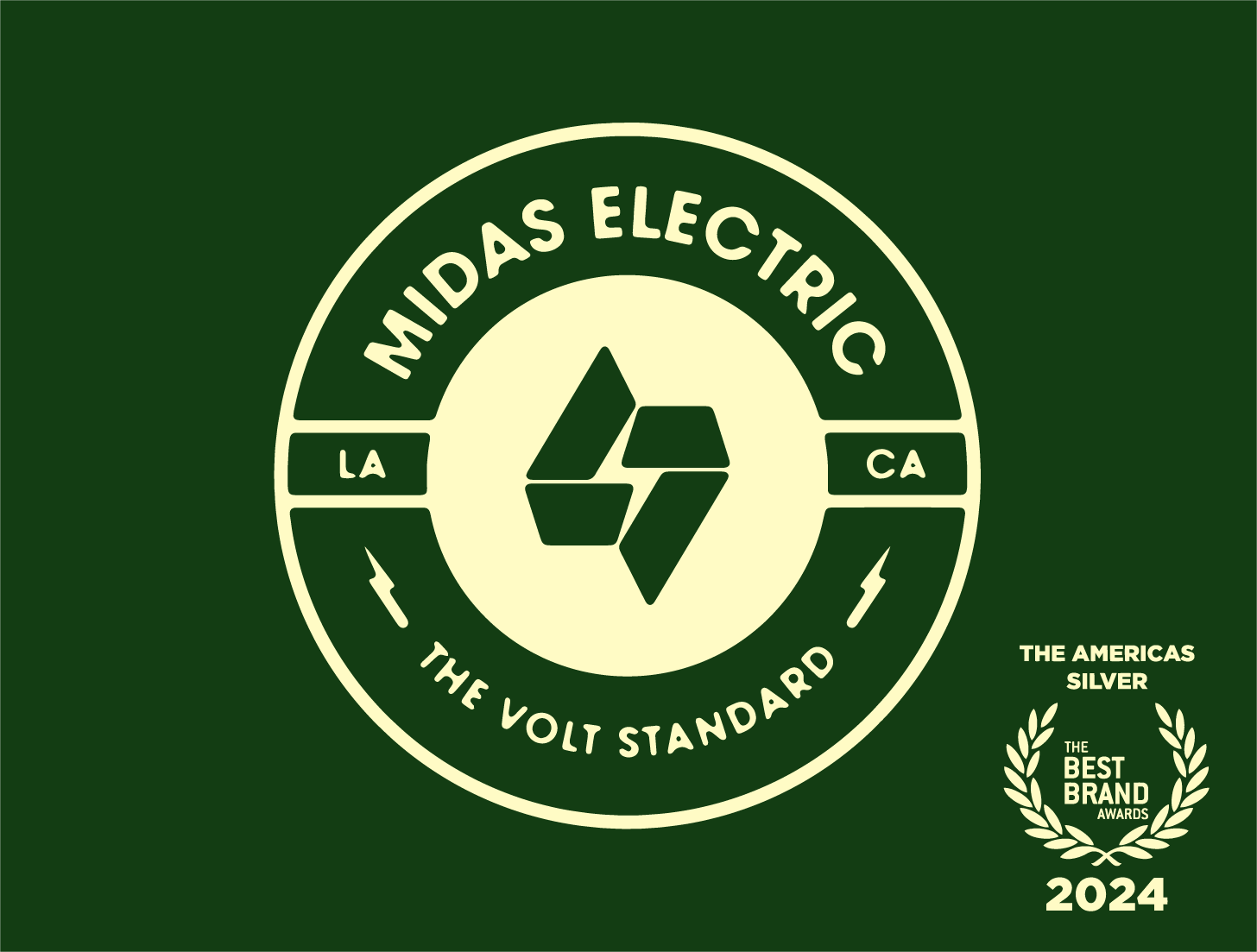 A lightning bolt logo surrounded by the words "Midas Electric" and the slogan "The Volt Standard"