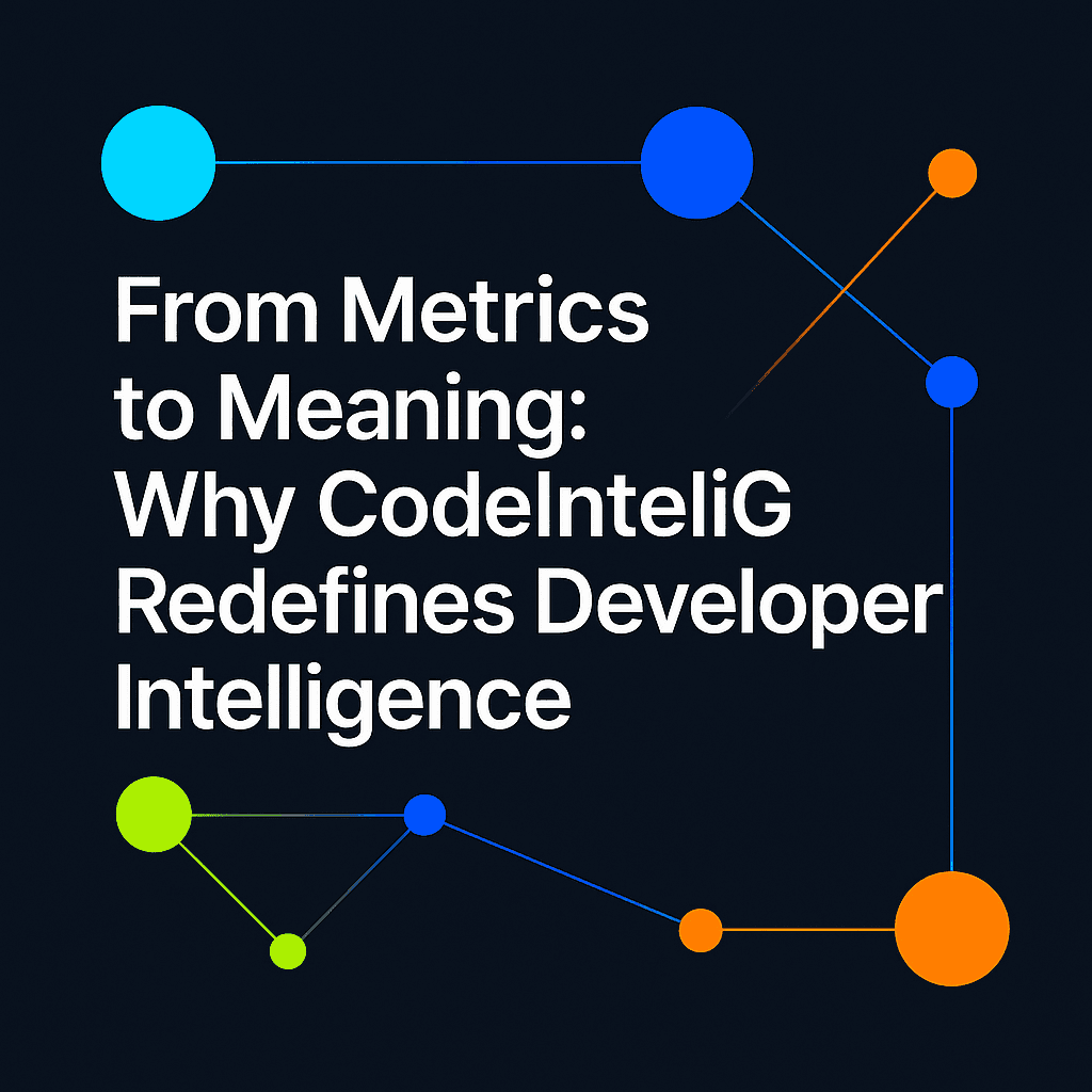 Abstract connected nodes and data lines forming a network around the title ‘From Metrics to Meaning: Why CodeInteliG Redefines Developer Intelligence’ on a dark background, symbolizing modern engineering intelligence.