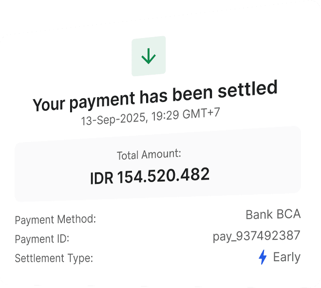 Notification indicating payment has been settled instantly via Durianpay’s real-time settlement