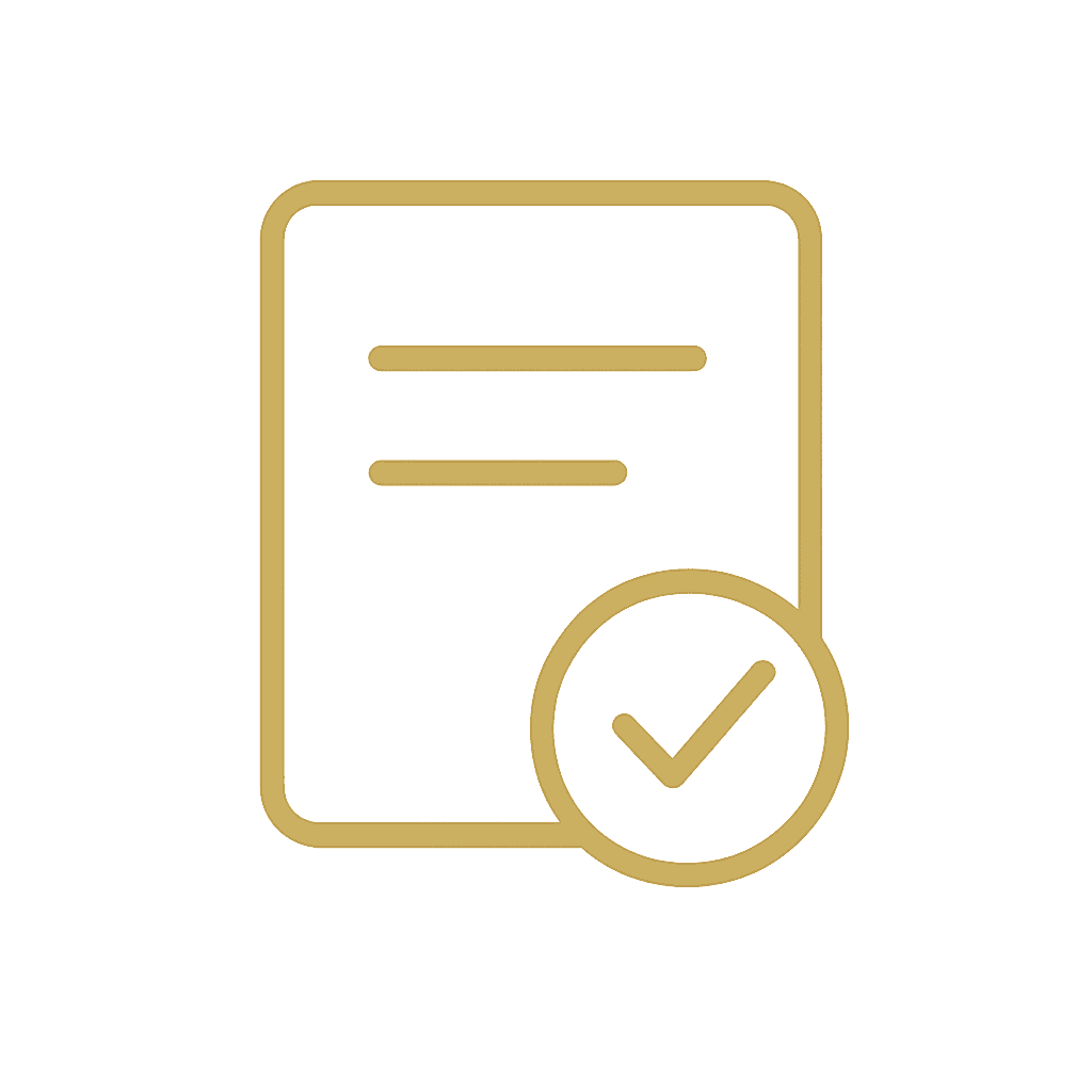 Imagem de icone de contrato dourado com selo de verificação simulando laudo de saída
