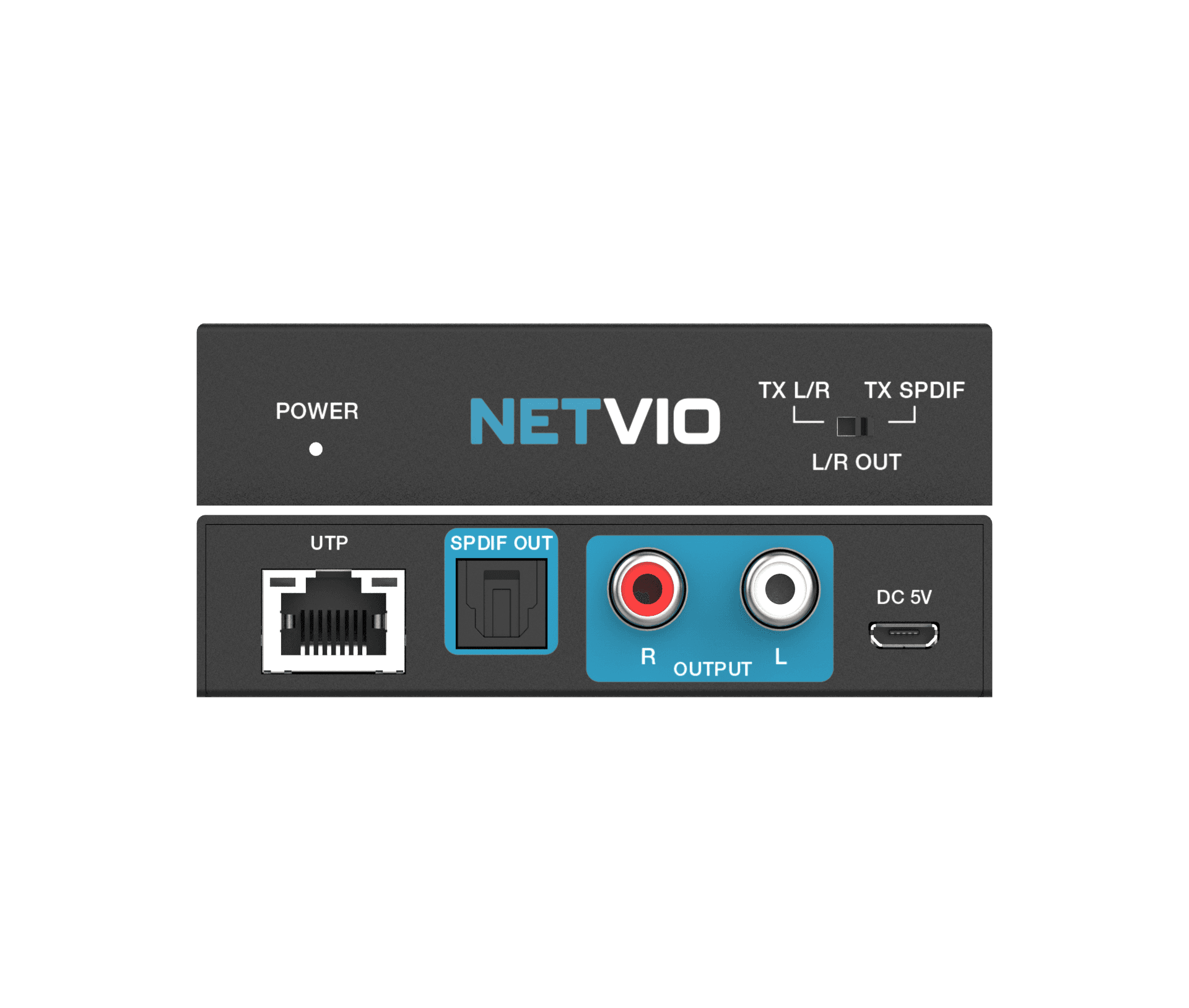 Netvio device with UTP, SPDIF, RCA, and DC 5V ports. TX L/R.
