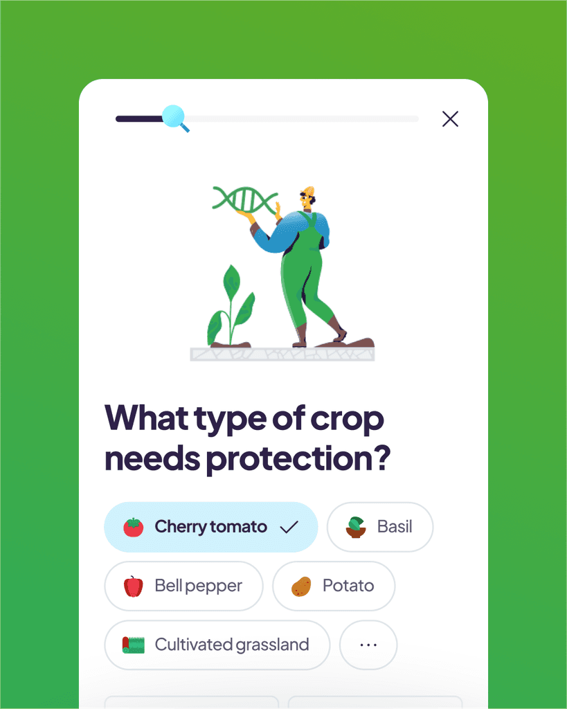 App screen showing the process of selecting type of crop that needs protection with badges containing icons of different crops.