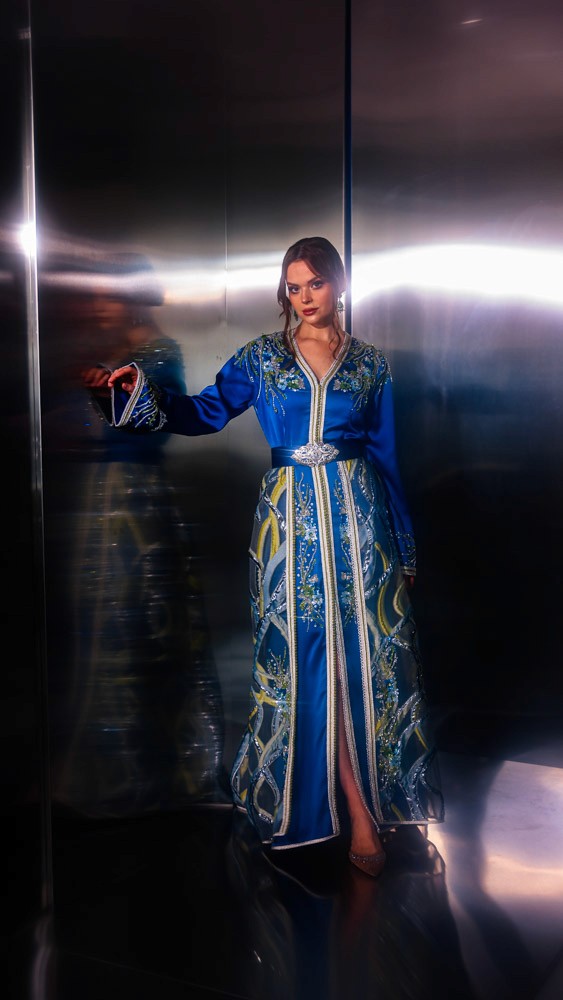 Royal blue Moroccan caftan with detailed hand embroidery, luxury handcrafted piece for high-end events in Bahrain
