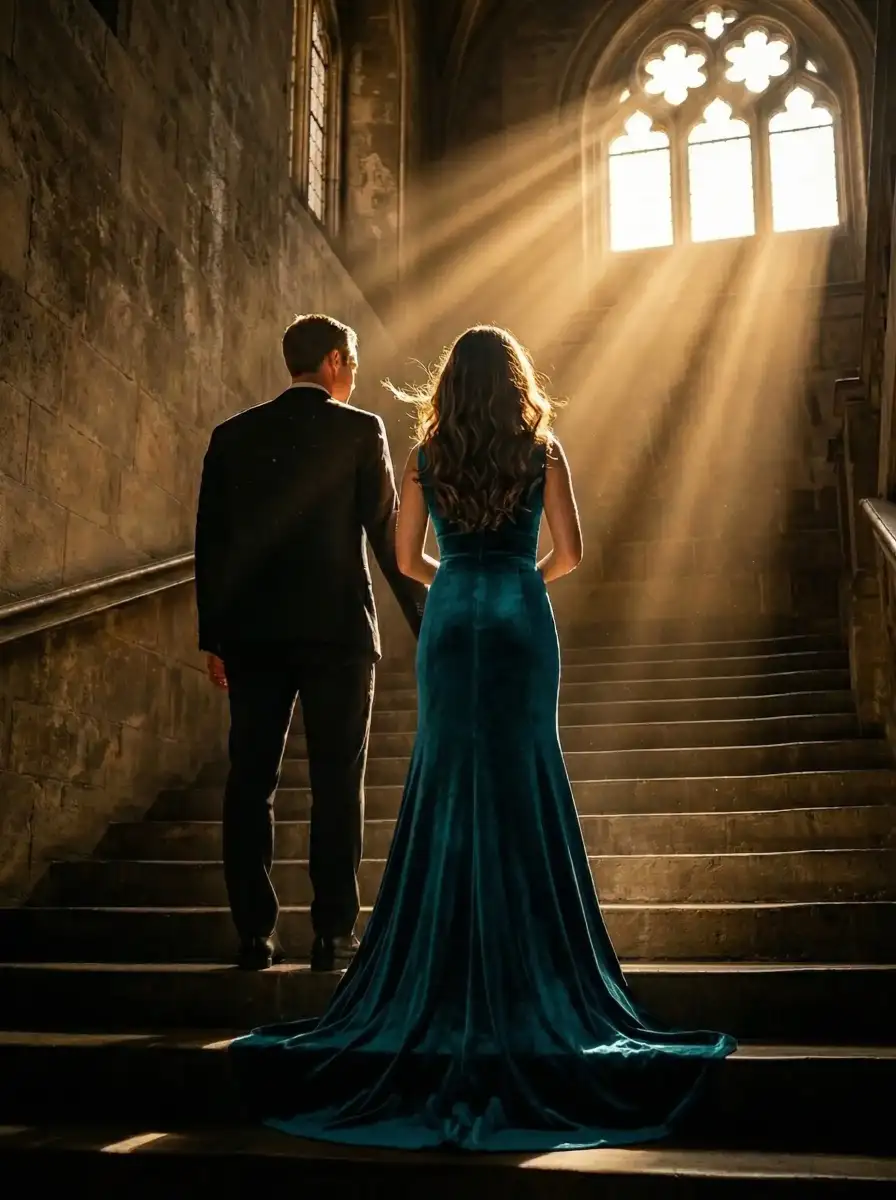 Couple in formal attire standing on grand stone stairs with dramatic sunbeams through a rose window