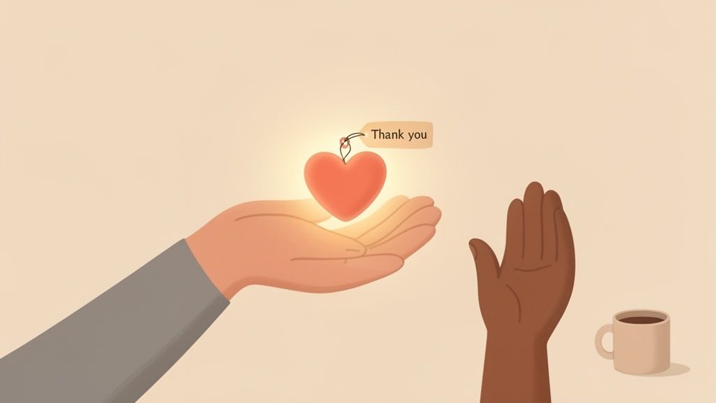 A gentle illustration showing a light-skinned hand offering a glowing red heart with a thank you tag.