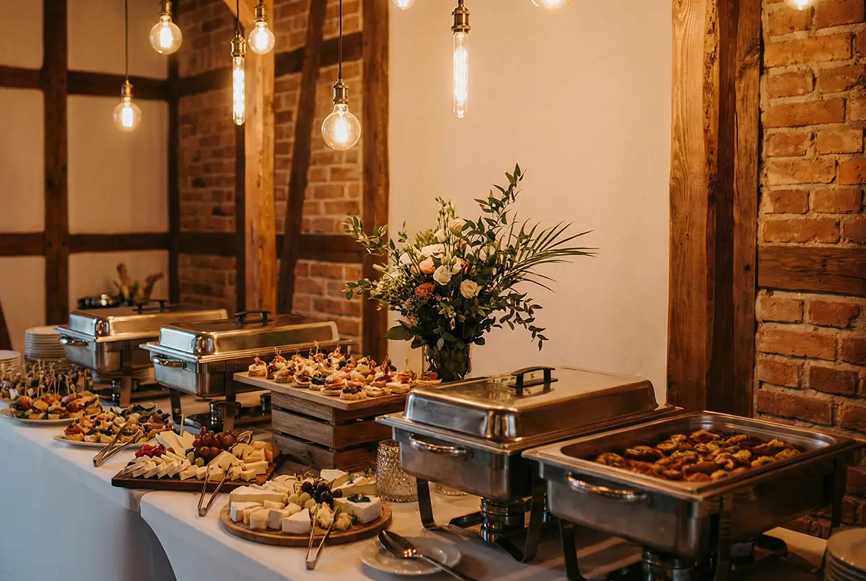 Rustykalny bufet weselny w Wrzosowym Tartaku z drewnianymi elementami, dekoracją kwiatową i podgrzewaczami z gorącymi daniami.