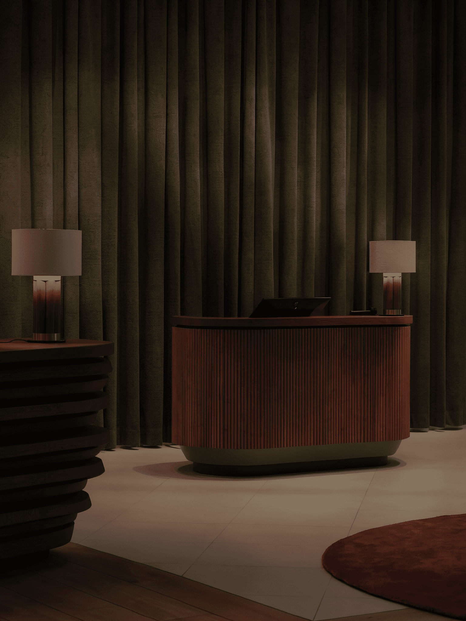 Modern wood counter with green curtain in the background - AI generated image