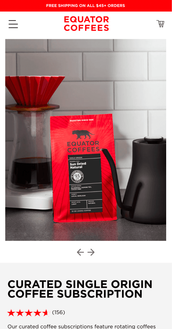Mobile Shopify product storytelling section for Equator Coffees showcasing coffee subscription experience