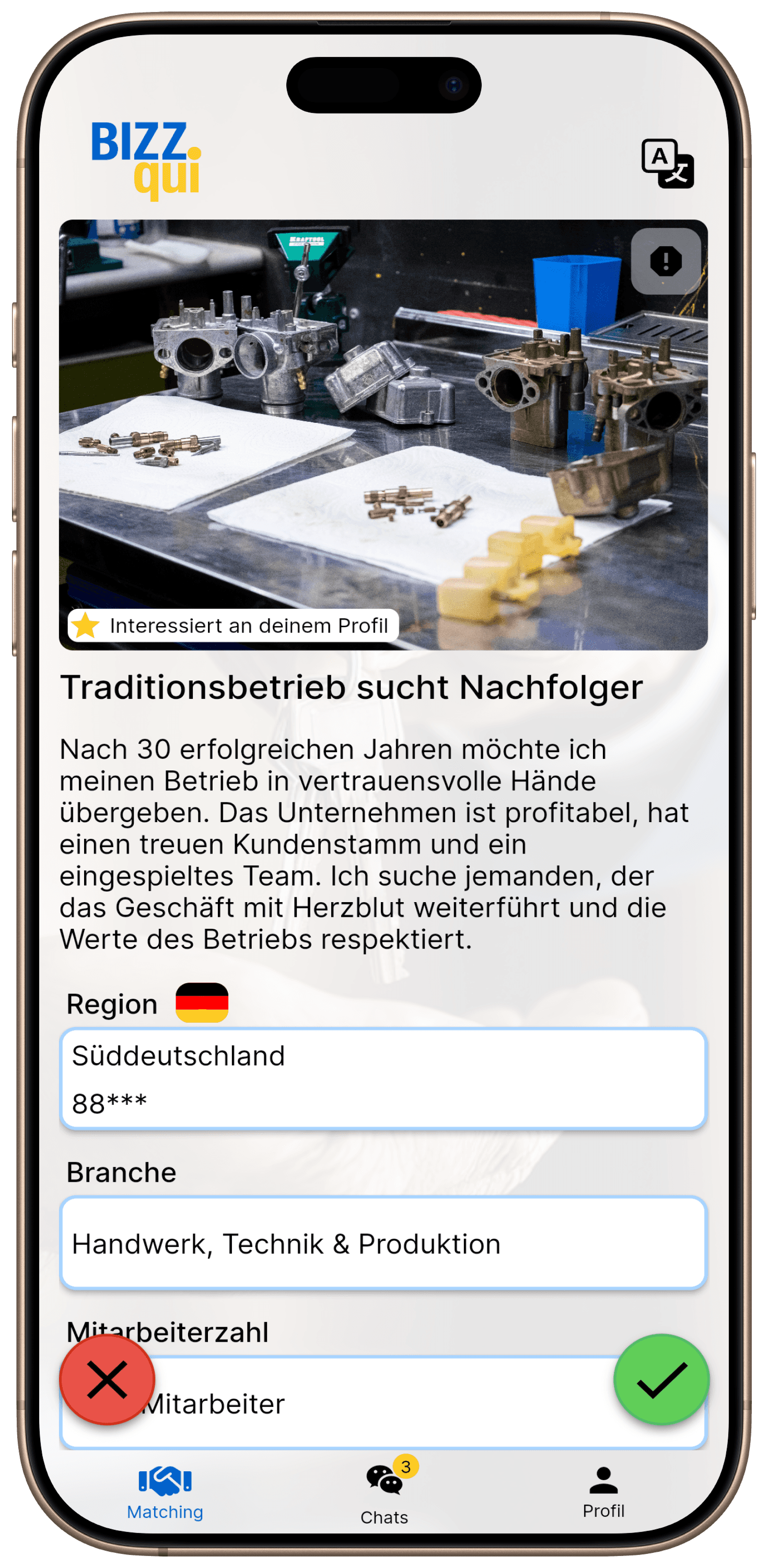 Kleinunternehmen kaufen: Firmenprofil mit Umsatz und Kaufpreis auf der BIZZqui Unternehmensbörse