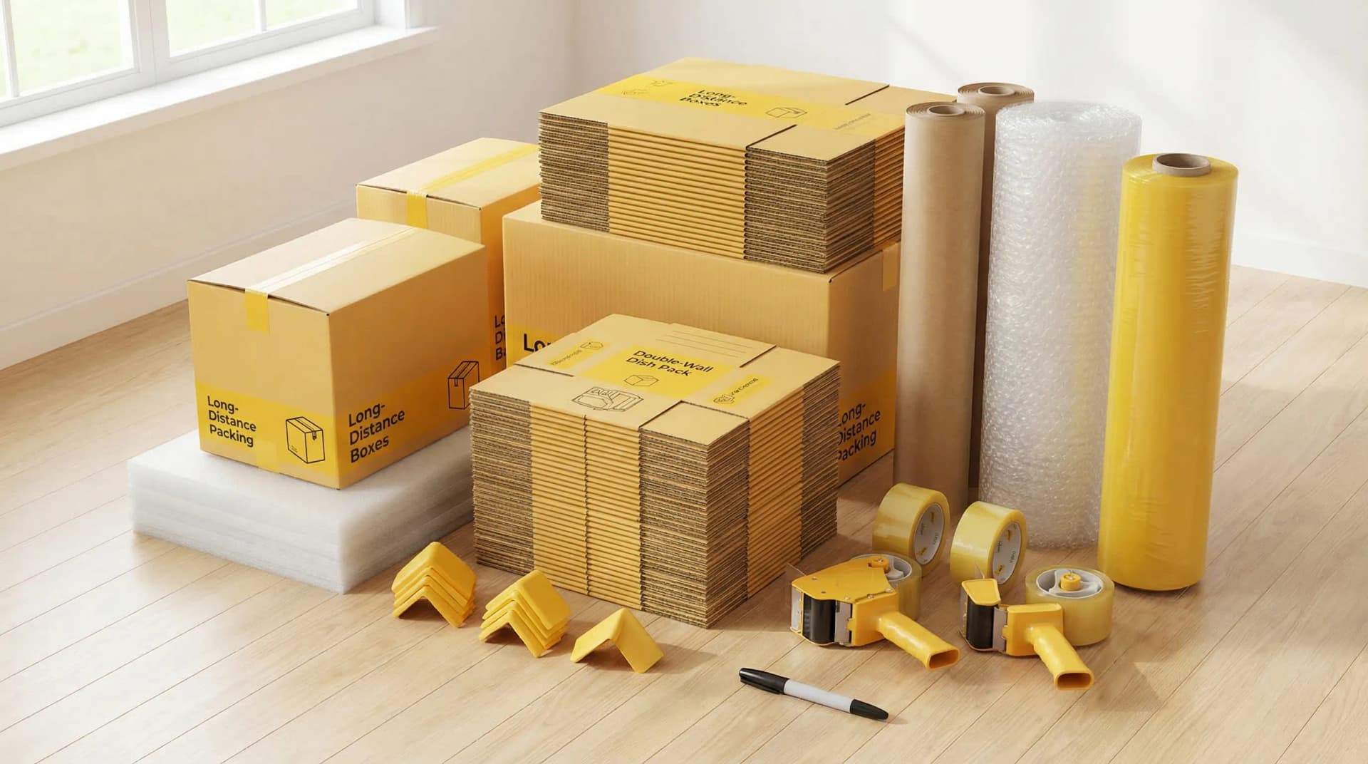A neat layout of long-distance packing supplies including double-wall boxes, dish packs, packing paper, bubble wrap, packing tape, stretch wrap, foam sheets, corner protectors, and a marker on a clean floor.