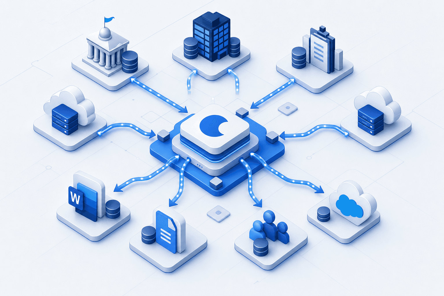 Modern enterprise software integration architecture diagram showing data flowing between multiple systems. Central hub connected to SAM.gov, GovWin IQ, FPDS government databases, cloud storage systems, Microsoft Word, Google Docs, and CRM platforms. Clean, professional technical illustration with blue and gray color scheme, showing bidirectional data sync arrows, API connections, and cloud infrastructure nodes. Isometric perspective, network topology style without any text or labels.