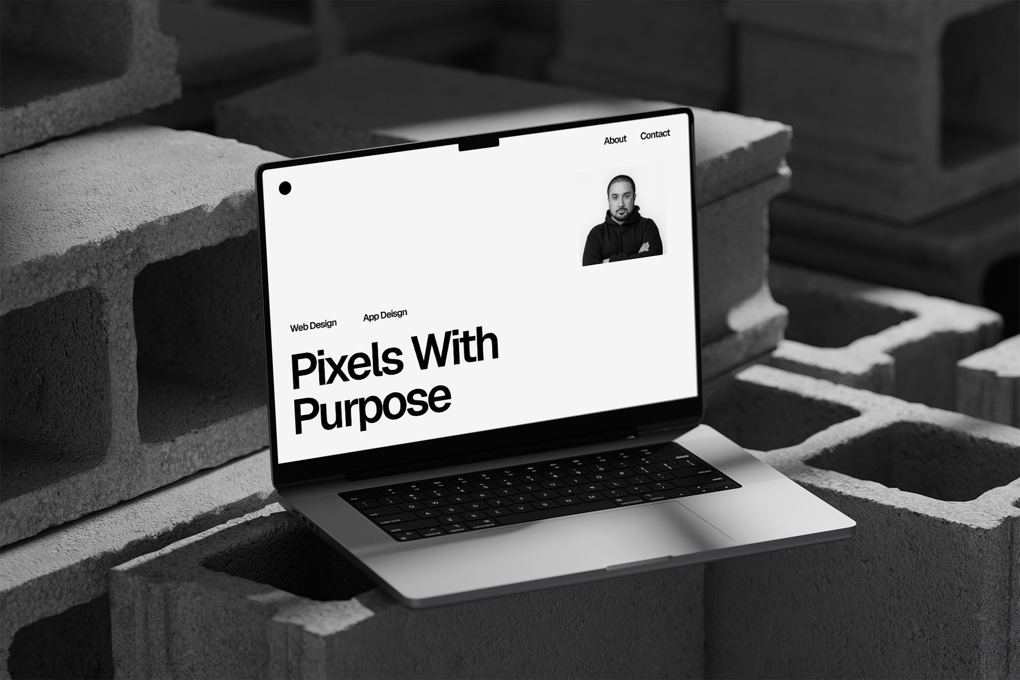 Laptop on concrete bricks, website on screen