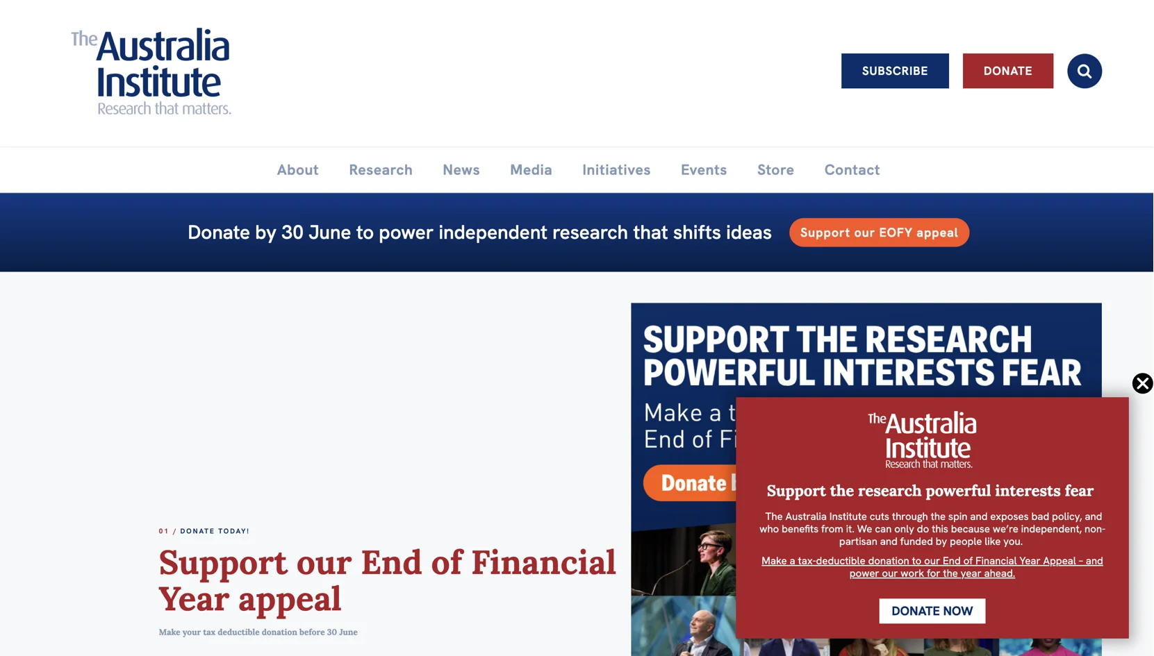 A right-aligned informational campaign popup on The Australia Institute website promoting a tax-deductible End of Financial Year donation appeal with a clear “DONATE NOW” action button