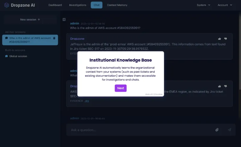 Institutional knowledge base tour showing organizational context retrieved from connected systems.