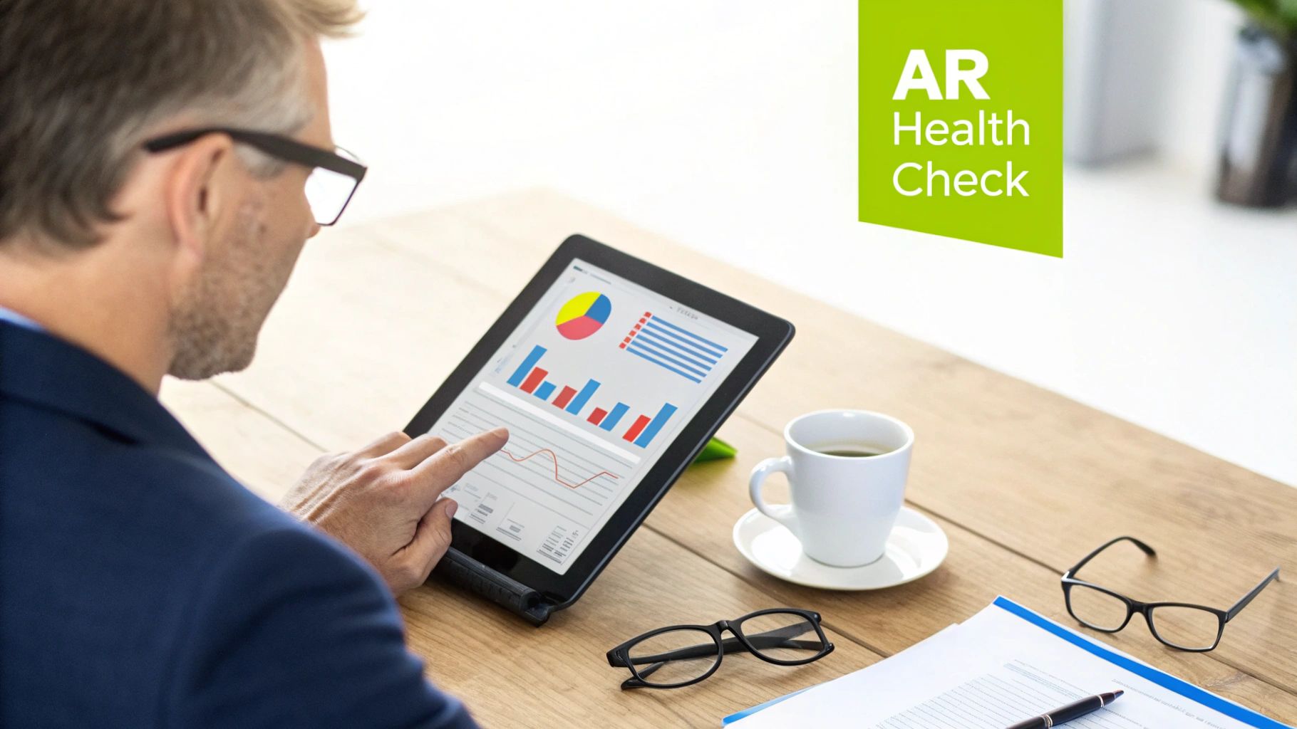 Man in a suit reviews financial data and graphs on a tablet, with coffee and glasses on a wooden desk.