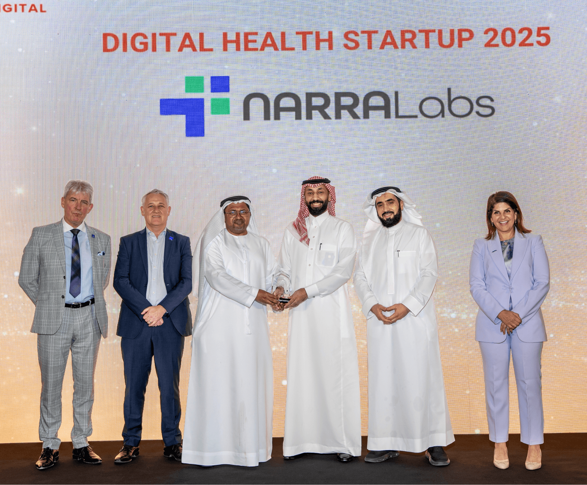 Rakan Alyahya Co-founder and Chief Product officer recieving the award of Digital Health Startup of the Year  from Dr. Osamah Alhassan Chairman of Zimam, Prof. Amr Jamal and Dr. Tamara co-chairs of zimam