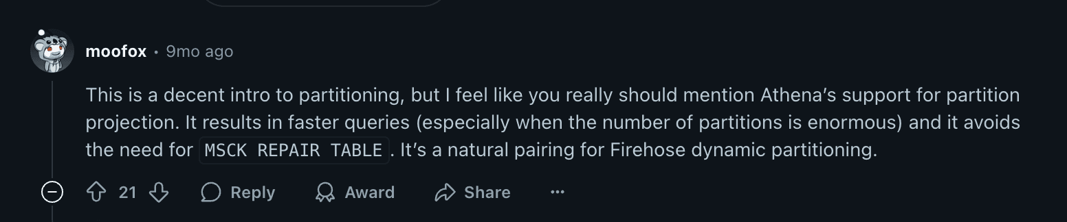 Screenshot of a Reddit comment advising that Athena’s partition projection beats manual MSCK REPAIR and speeds up massive tables.