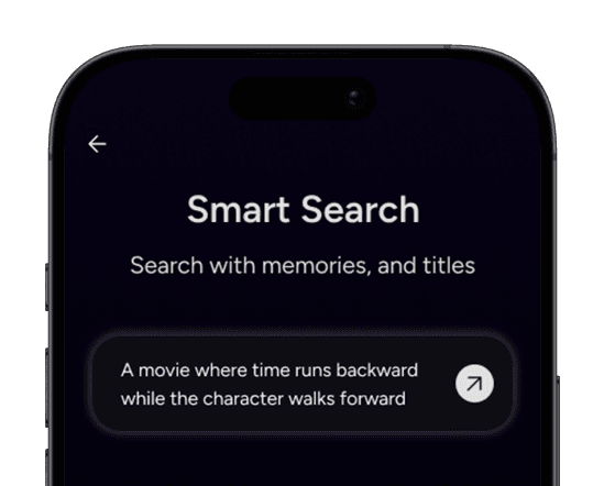 Smart Search input field demonstrating a complex, creative conceptual query regarding time and character movement