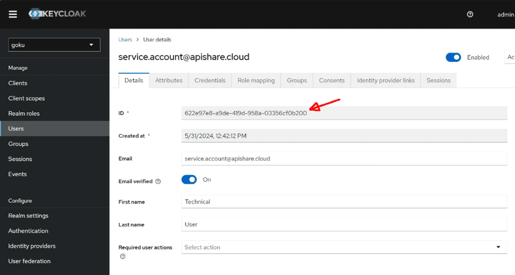 Keycloak user details of the technical service account, with its id highlighted