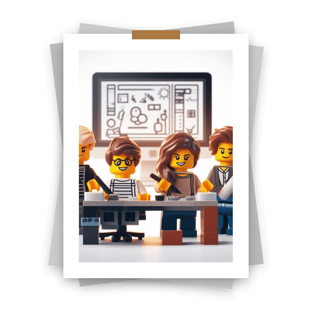 une photo de quatre personnages lego qui travaillent sur un ordinateur, dessine, lit un plan avec un écran derrière eux