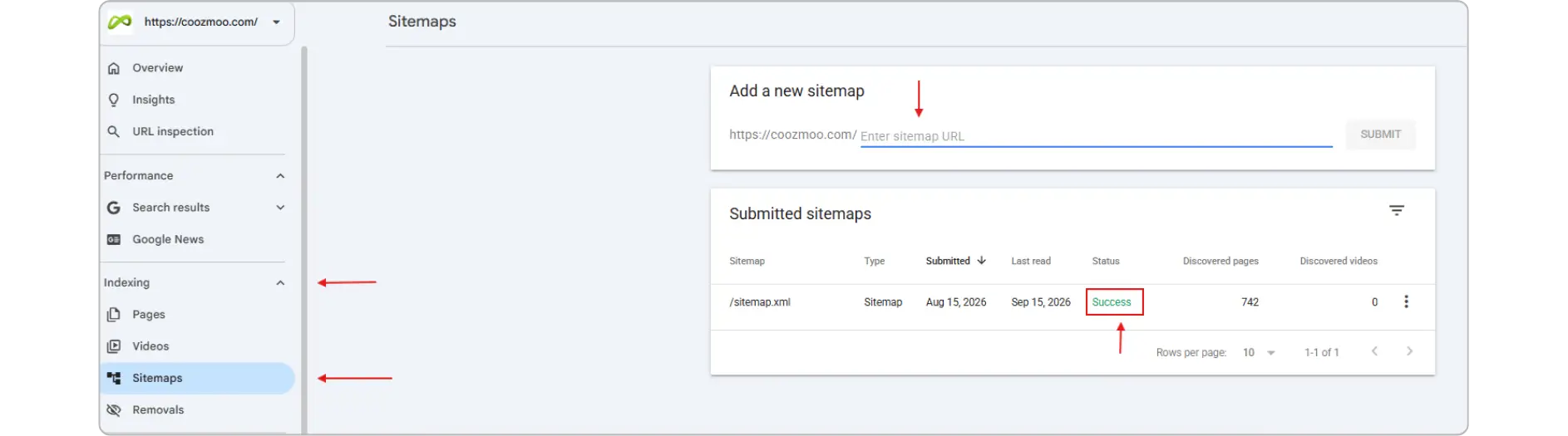 Google Search Console Sitemaps report showing a successful sitemap.xml submission.