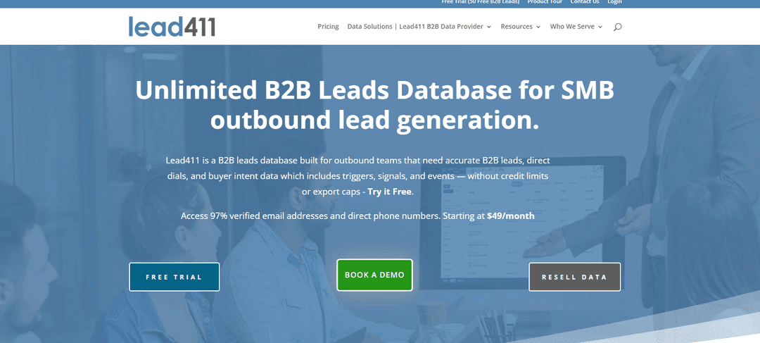 Lead411's site advertising an unlimited B2B database with triggers and intent data