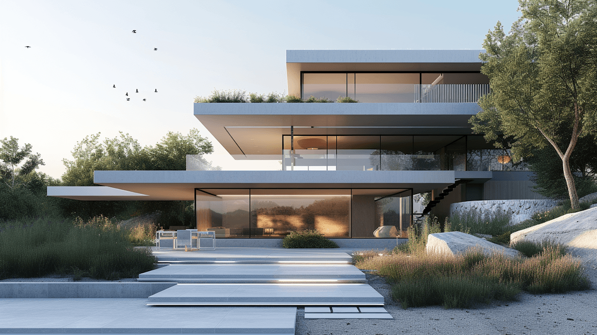 Contemporary multi-level modern villa with expansive glass walls, landscaped greenery, and stone pathway entrance under overcast sky.
