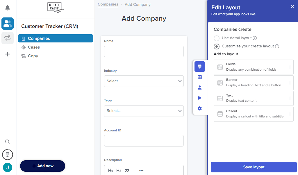 Overview of Stacker’s form layout page with fields, banner, callouts, and text widgets.