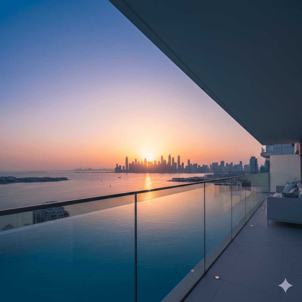 Luxury glass balcony view of Dubai skyline and Arabian Gulf at sunset