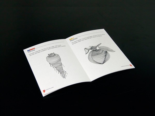 The image shows an open book resting on a black surface. The book is divided into two pages, each containing detailed black and white line drawings and text. The left page features a line drawing of a carrot with text above it that reads “Parsnip” and below it “characteristic orange root, moderately when cooked.” The right page displays a line drawing of a peach with text above it that reads “Peaches” and below it “characteristic orange fruit, moderately when cooked.” The book is positioned at a slight angle, with the left page closer to the viewer and the right page slightly further away. The black surface provides a stark contrast to the white pages of the book.