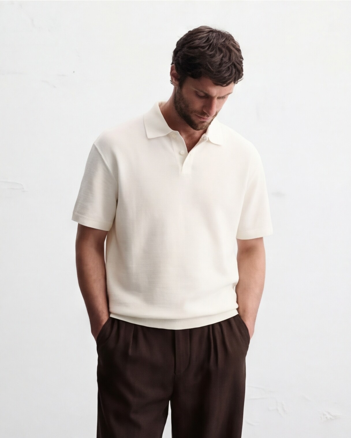 Cream Polo with Chocolate Trousers