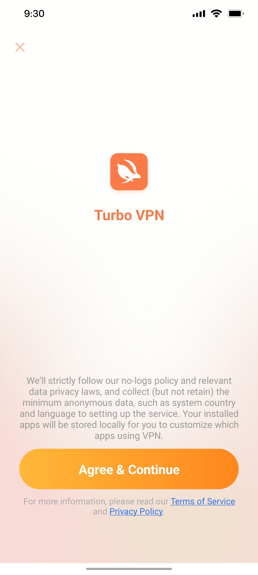 Turbo vpn Agree & continue screen