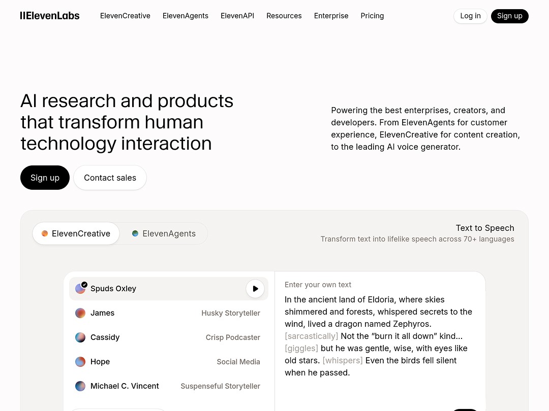 ElevenLabs homepage showcasing AI text-to-speech with voice options and sample text about a dragon named Zephyros