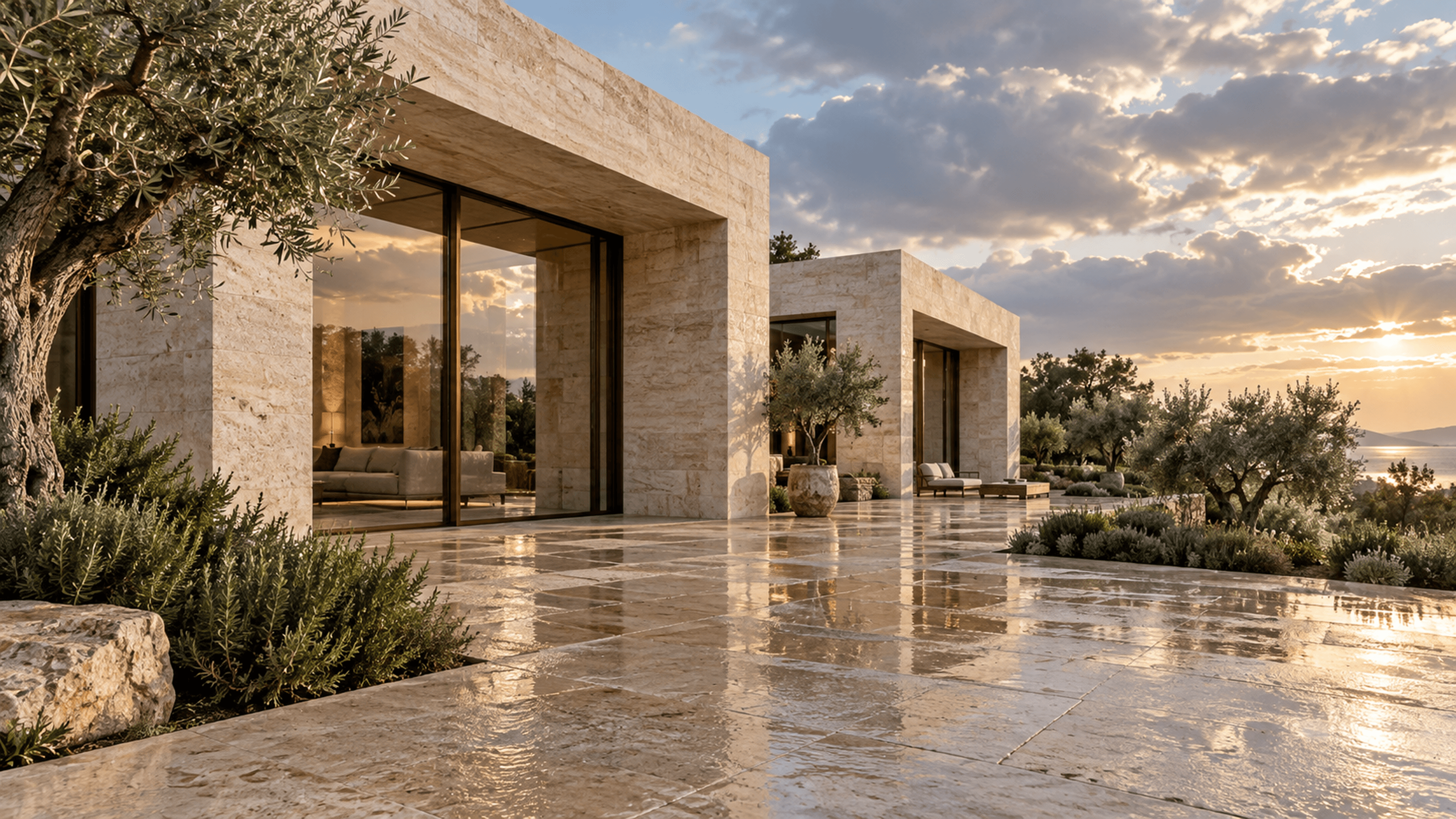 Courtyard Residence, view across the stone patio
