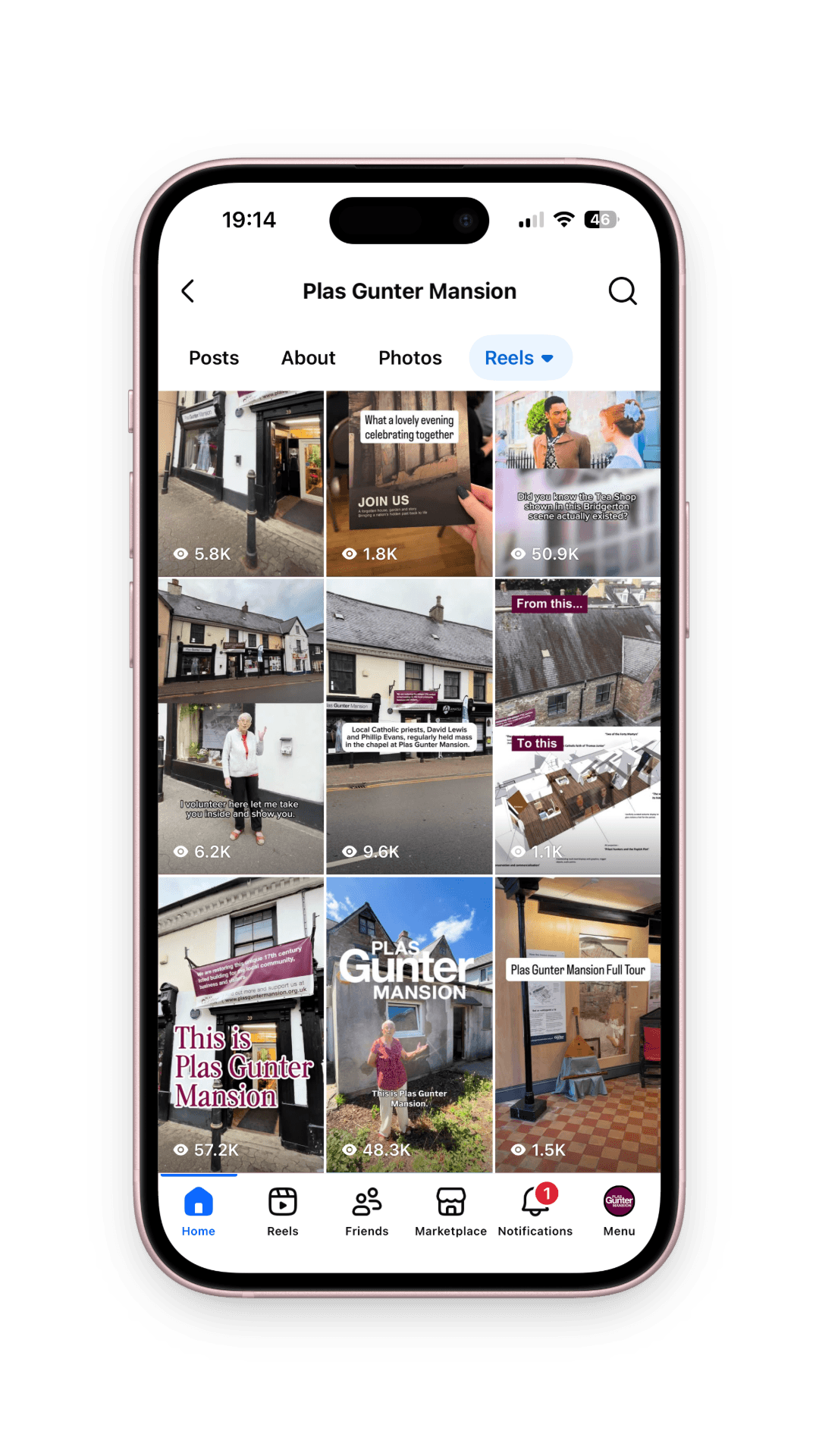 Phone with a screenshot of the Plas Gunter Mansion Facebook page.