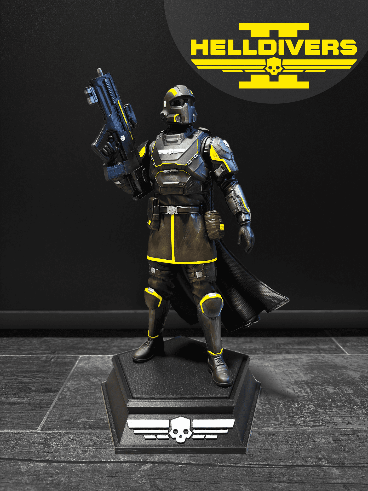 Sběratelská figurka vojáka Helldivers 2, ručně malovaná, s detailem výstroje a podstavcem s logem