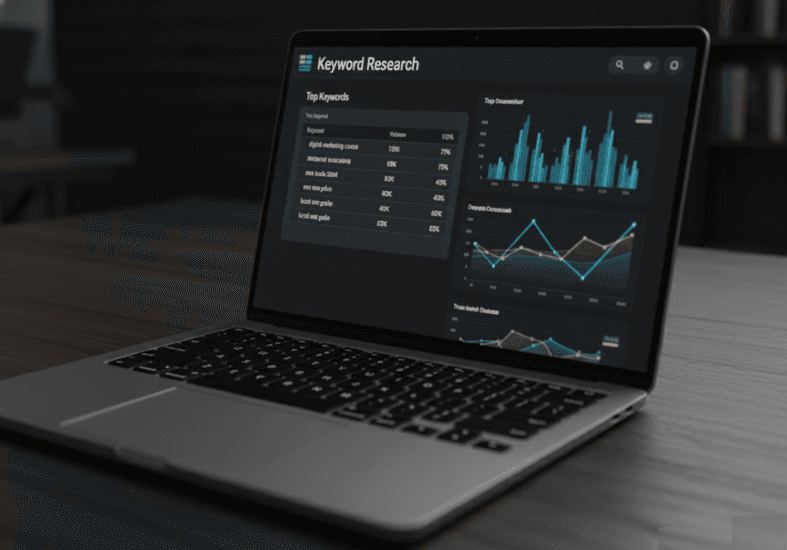 Close-up of laptop displaying SEO analytics dashboard with upward trending graphs representing brand growth.