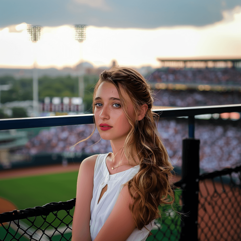 Young woman with long hair at a baseball stadium, wearing a white top.