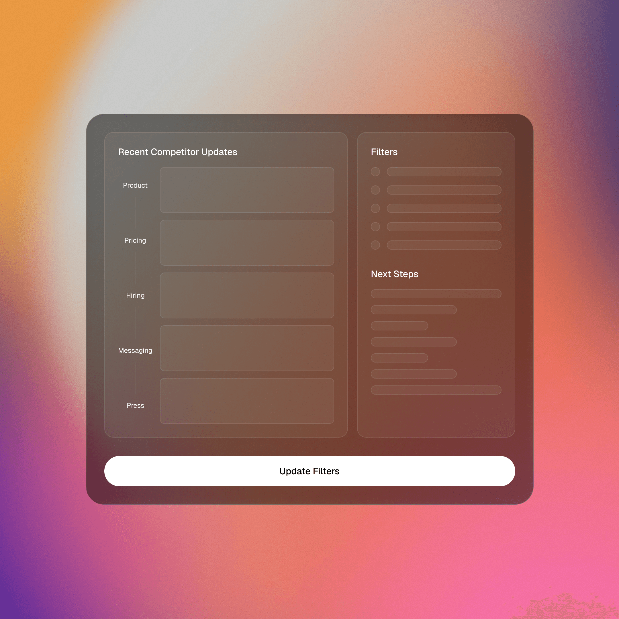Competitor Radar board grouping updates with tags like pricing, product, hiring.
