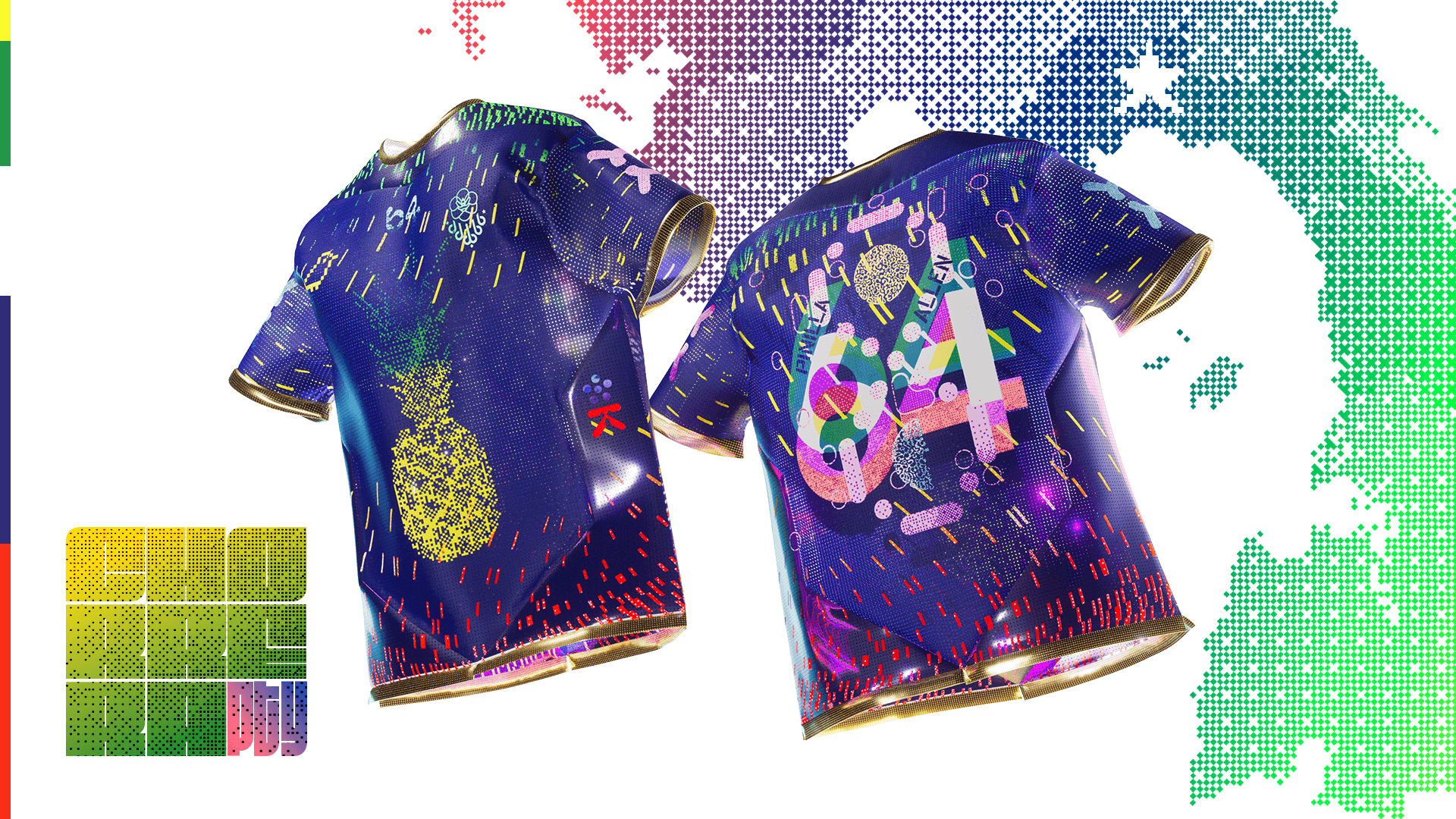 3D digital fashion design process screenshot showing a navy blue patterned jersey with pixel pineapple graphic mapped onto a white mannequin in a CLO3D or similar garment simulation software
