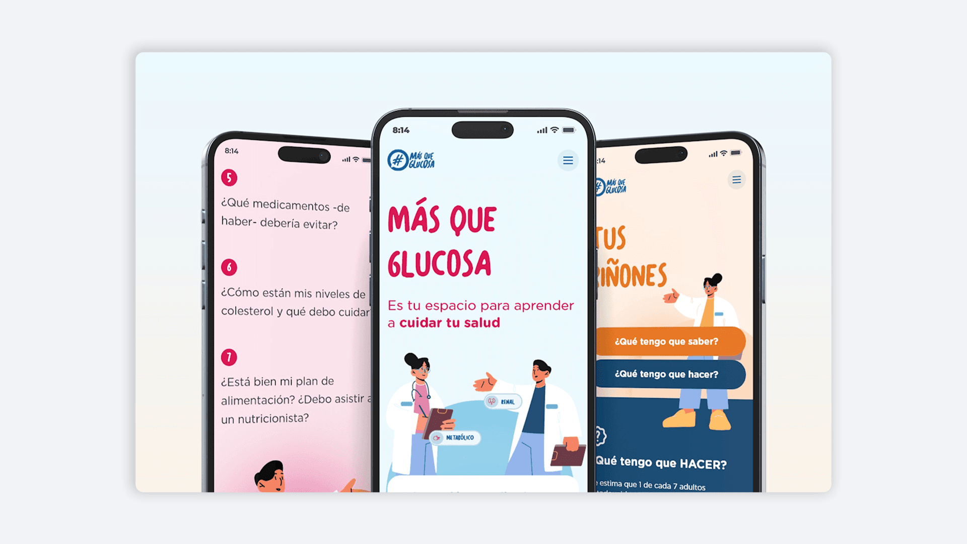 Tres pantallas de smartphone con la interfaz de una app sobre gestión de glucosa, nutrición y bienestar.