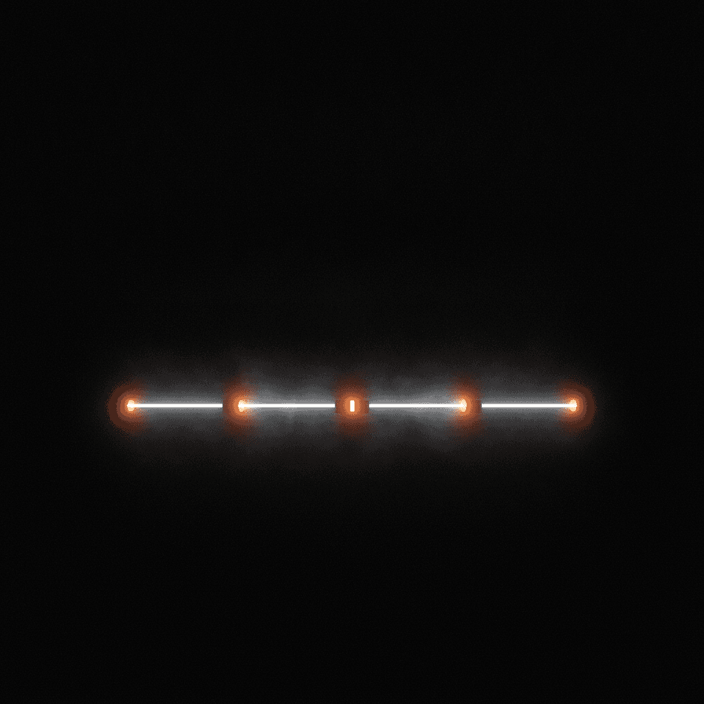 A single thin orange line crossing a dark void, breaking at four marked points
