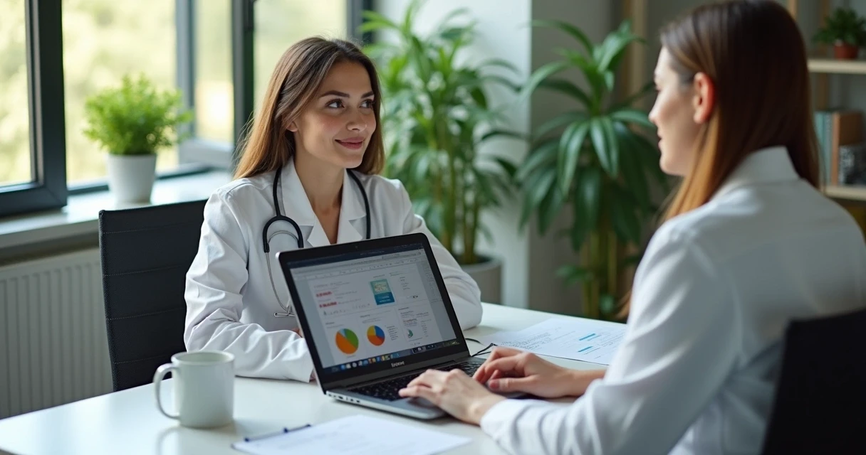 Nutricionista em consultório com computador e gráficos de IA na tela 