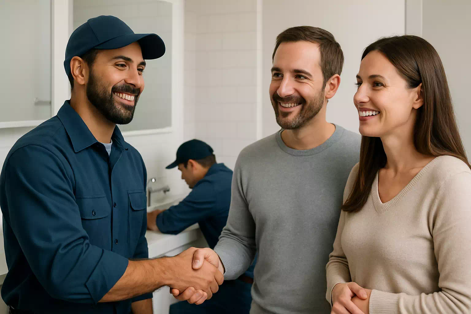 Smiling plumber shaking hands with satisfied clients after a successful bathroom installation by Plumberpip.