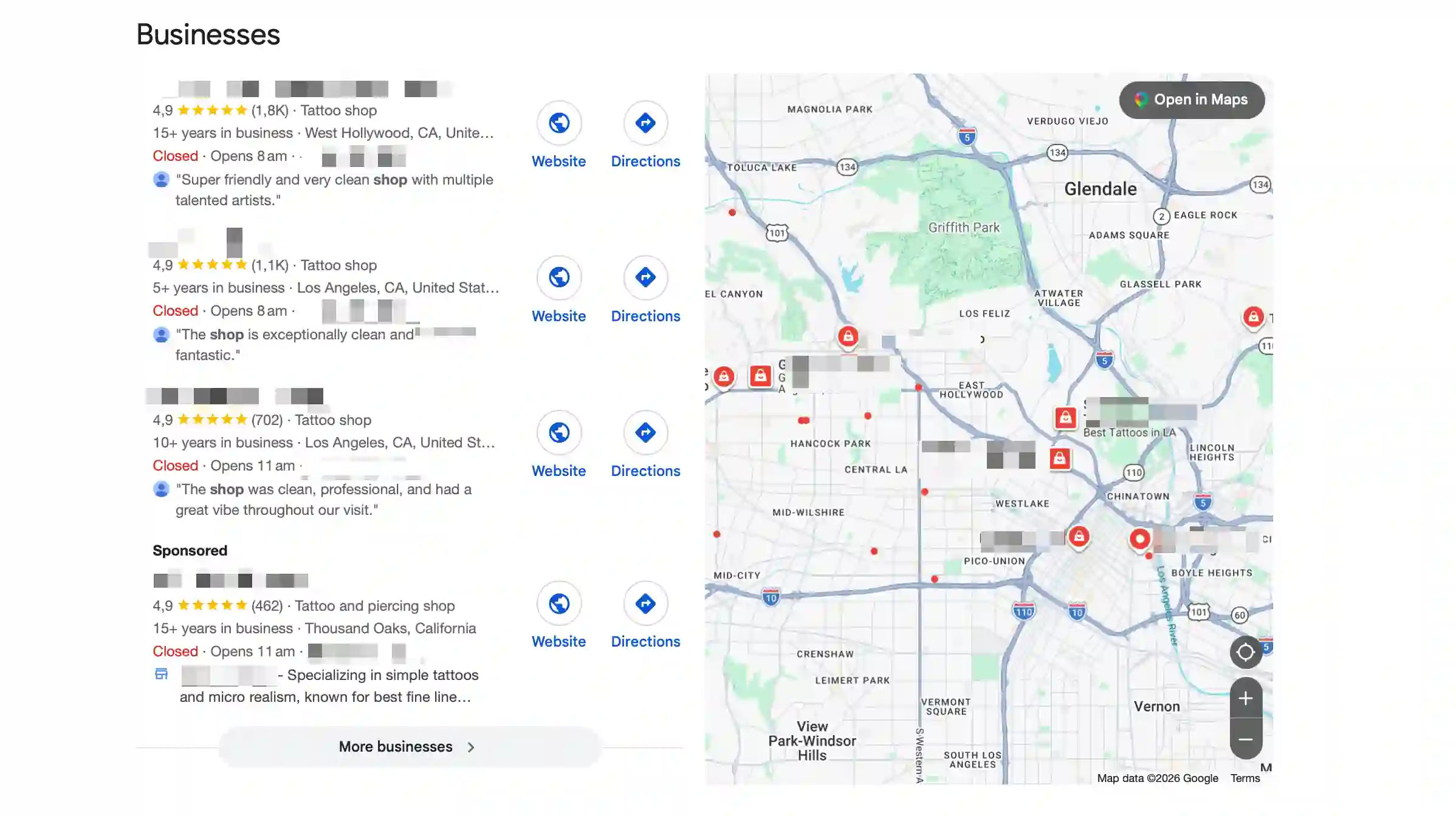 Google Maps local search results showing tattoo shops with ratings and reviews