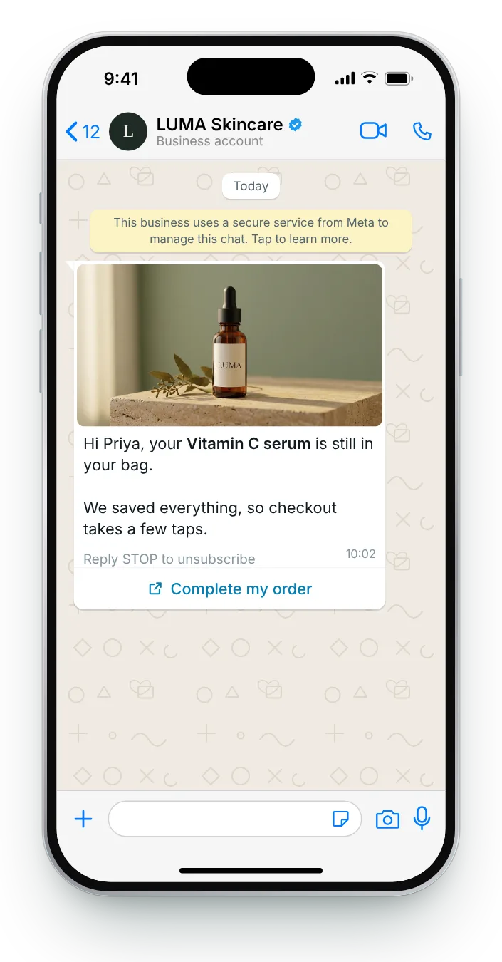 Product image and checkout button: WhatsApp cart reminder on an iPhone
